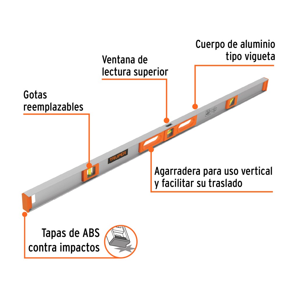 NIVEL PROFESIONAL DE 48" CON PROTECCIÓN DE ABS, 17040 - TRUPER