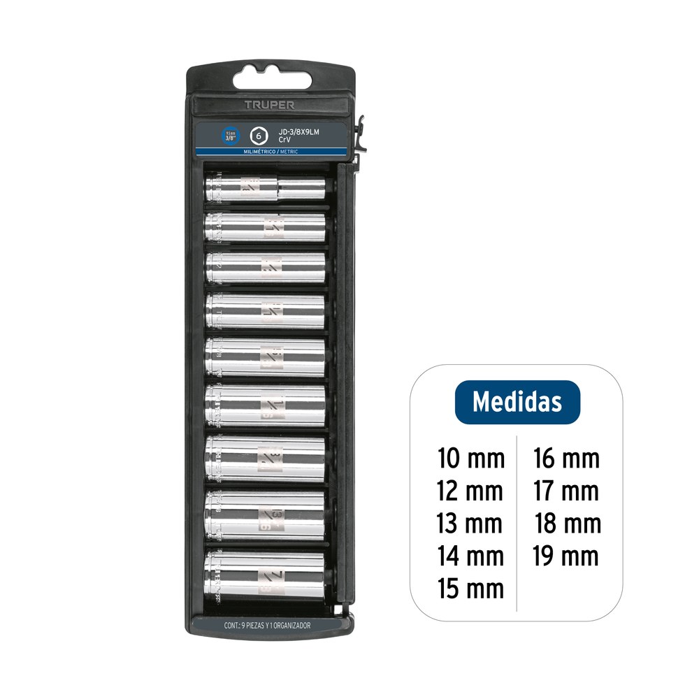 JUEGO DE 9 DADOS LARGOS CUADRO 3/8" MM, TRUPER 14173