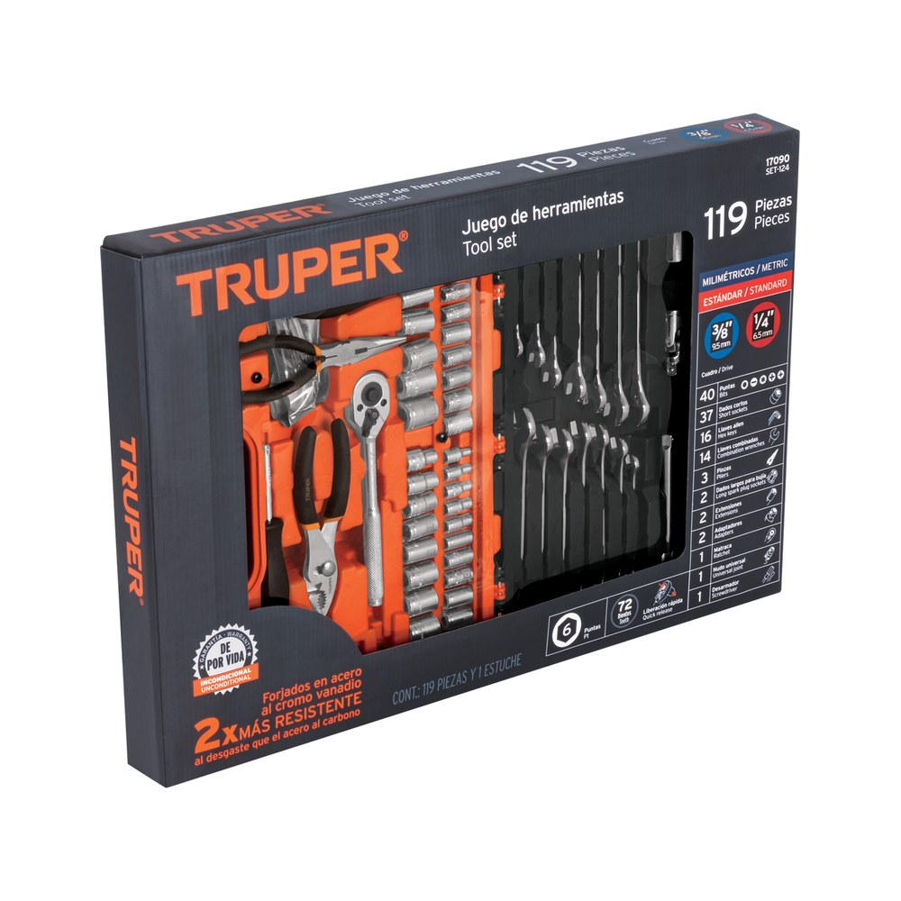 JUEGO DE 119 HERRAMIENTAS 1/4" Y 3/8" MIXTAS PARA MECANICO TRUPER 17090